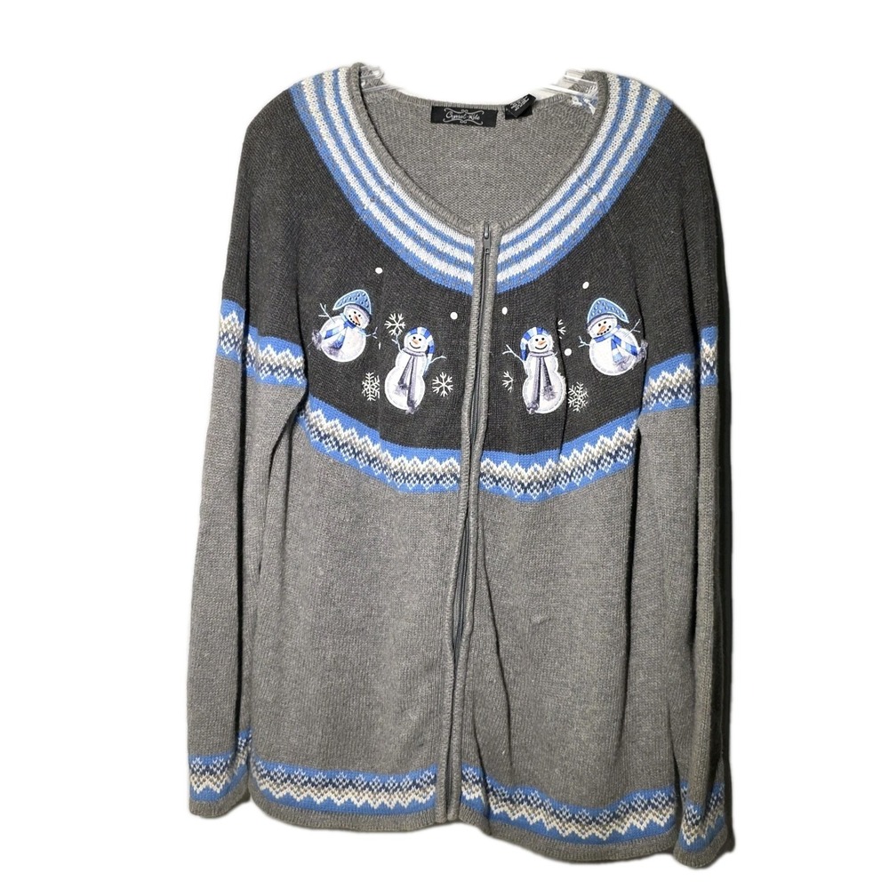 VTG Crystal Kobe Zip Up Christmas Cardigan‎ Embroidered Snowmen  Size XXLarge